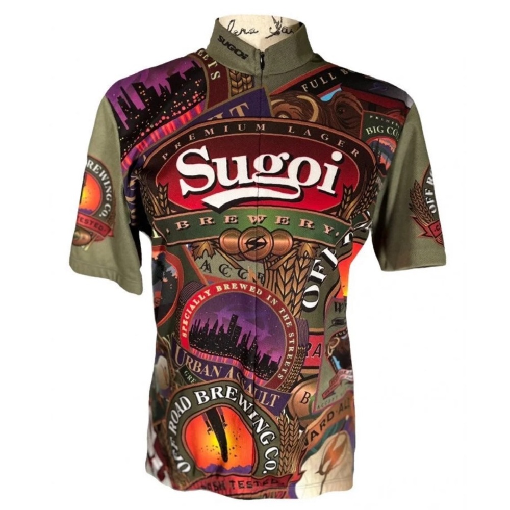 Mens size medium Sugoi' “Brewery" collage cycling jersey.